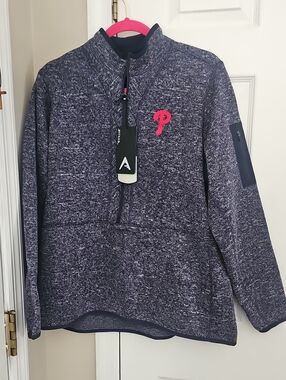 Antigua Heather Fleece Lined Navy Quarter-Zip Sweater with Pink 'P' Logo
